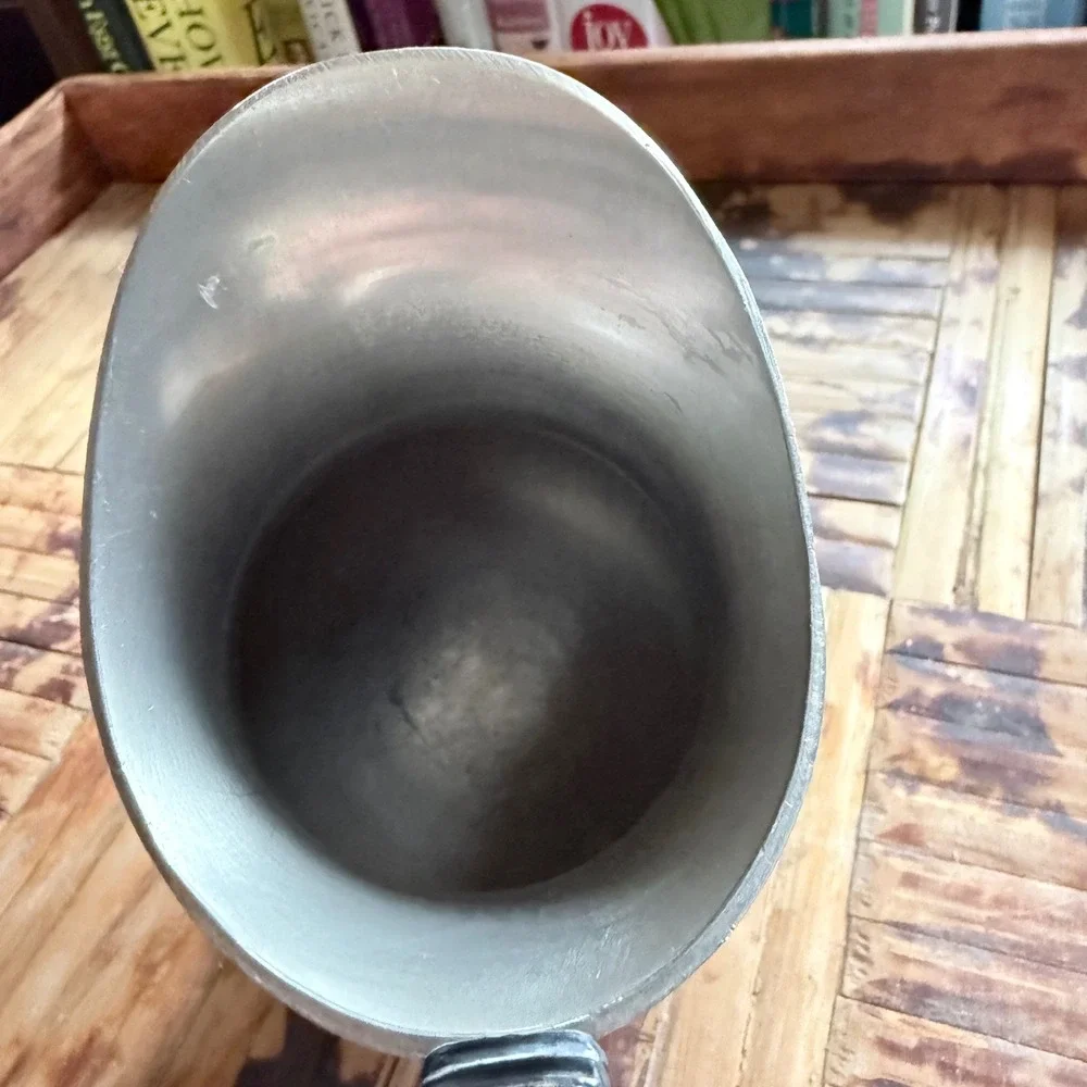 Vintage Meeuws & Zoon Pewter Pitcher – The Hague, Holland – Woven Rattan Handle